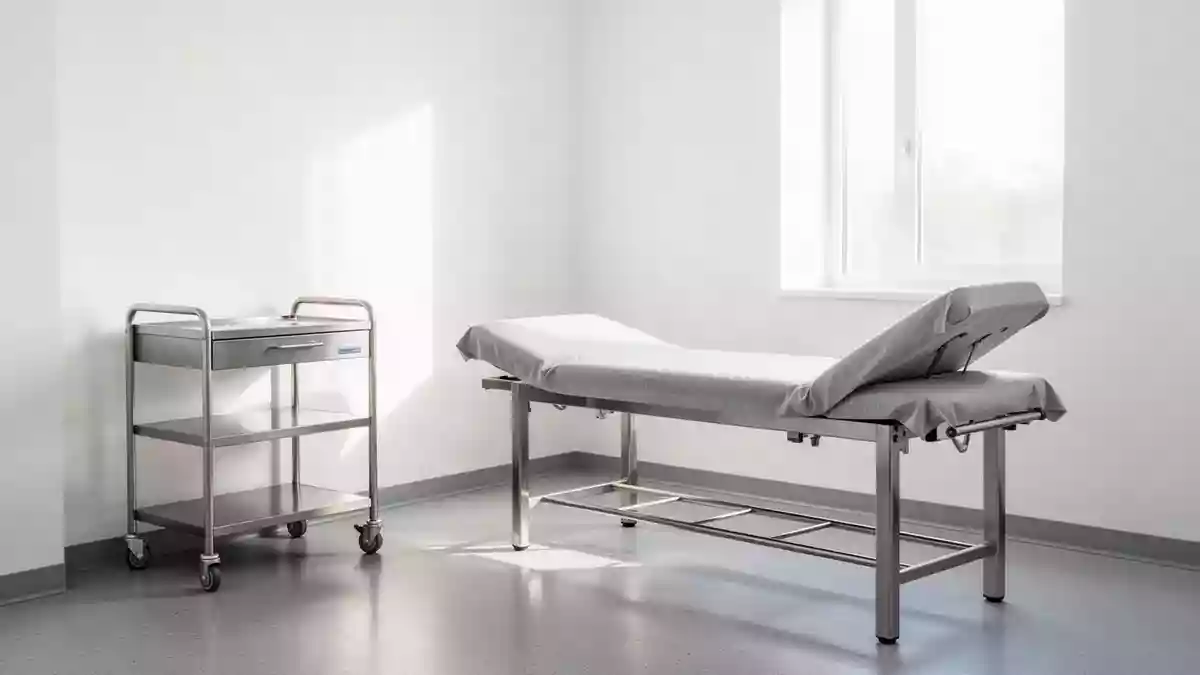 Ein heller, minimalistischer Behandlungsraum in einer Klinik mit einer Untersuchungsliege und einem medizinischen Wagen. Illustration mit AI erstellt.