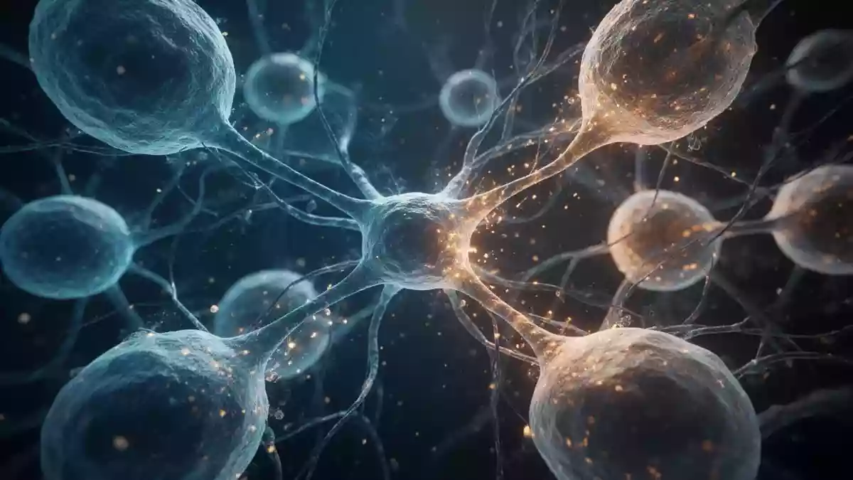 Abstrakte Darstellung zellulärer Strukturen und neuronaler Netzwerke zur Veranschaulichung mitochondrialer Prozesse. Illustration mit AI erstellt.