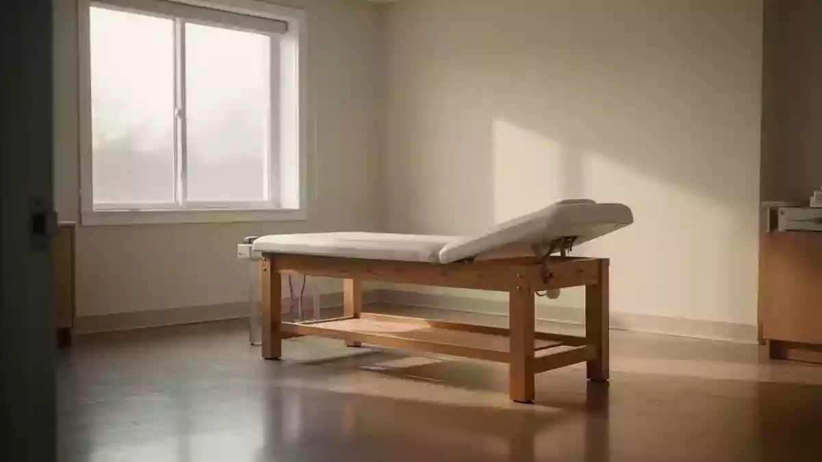 Ein minimalistischer, heller Behandlungsraum in einer medizinischen Einrichtung mit ruhiger, natürlicher Beleuchtung. Illustration mit AI erstellt.