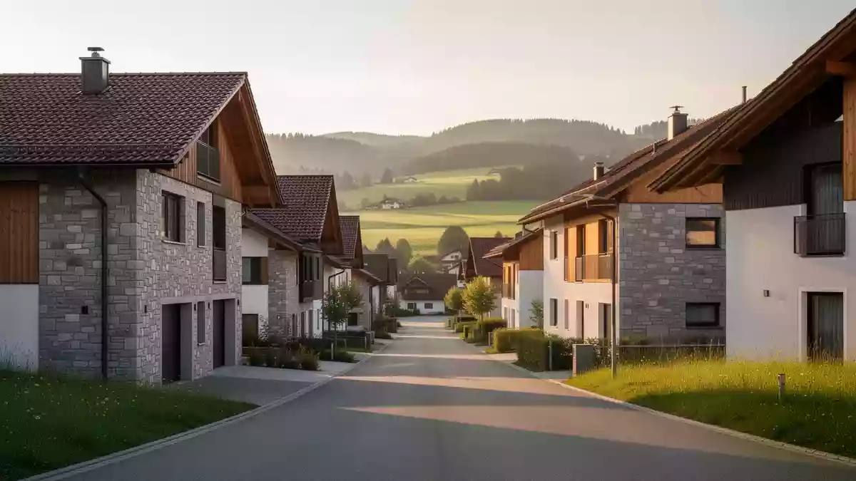 Eine ruhige Wohnstraße in einer bayerischen Ortschaft mit traditioneller Architektur und umgebender Hügellandschaft. Illustration mit AI erstellt.