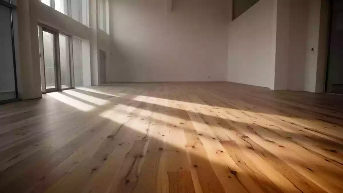 Ein minimalistischer, lichtdurchfluteter Raum mit Holzboden und weichen Schatten, der eine ruhige Trainingsumgebung symbolisiert. Illustration mit AI erstellt.