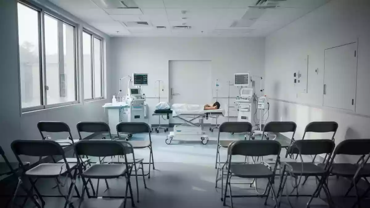 Ein heller, leerer Schulungsraum für medizinische Übungen mit ordentlich aufgestellten Stühlen und vorbereiteter Ausrüstung. Illustration mit AI erstellt.