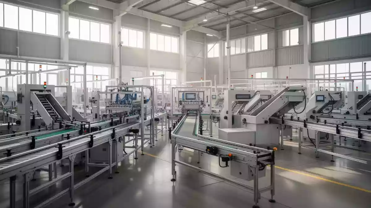 Moderne Produktionshalle in Indien mit automatisierten Fertigungsanlagen in einer hellen, aufgeräumten Industrieumgebung. Illustration mit AI erstellt.