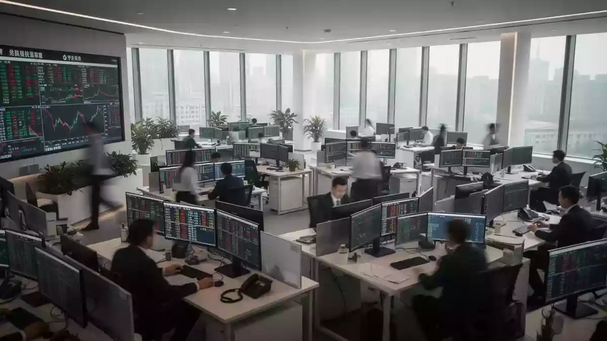 Ein moderner Handelsraum an einer Finanzbörse mit verschwommenen Silhouetten von Händlern bei der Arbeit. Illustration mit AI erstellt.