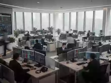 Ein moderner Handelsraum an einer Finanzbörse mit verschwommenen Silhouetten von Händlern bei der Arbeit. - Foto: über boerse-global.de