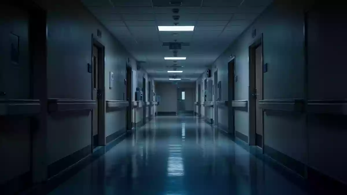Ein leerer, ruhig beleuchteter Krankenhausflur mit spiegelnden Bodenflächen in einer klinischen Umgebung. Illustration mit AI erstellt.