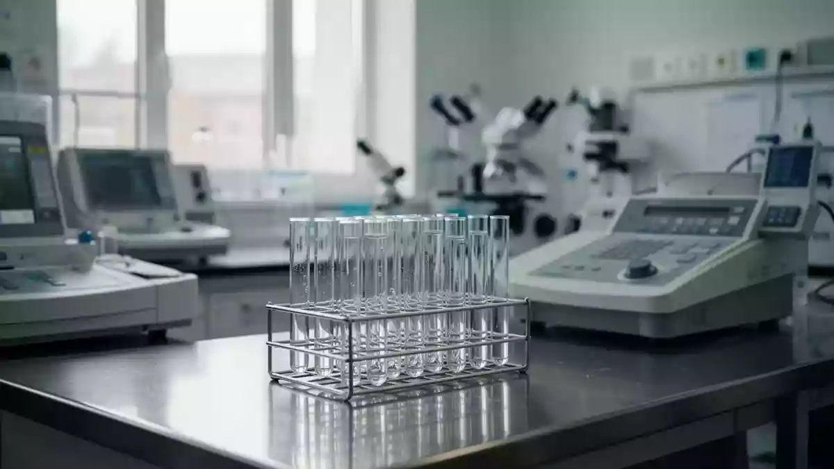 Ein steriles, modernes medizinisches Labor mit Reagenzgläsern auf einem Edelstahltisch zur Blutuntersuchung. Illustration mit AI erstellt.
