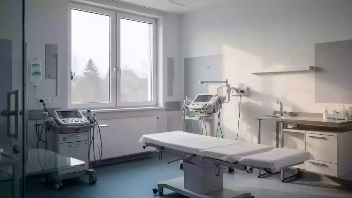 Ein heller, steriler Behandlungsraum in einer Klinik mit Fokus auf medizinischer Architektur und ruhiger Atmosphäre. Illustration mit AI erstellt.