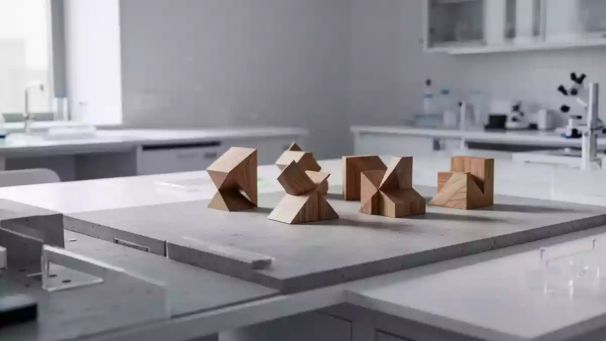 Ein minimalistischer Arbeitsbereich mit abstrakten geometrischen Holzpuzzles als Symbol für kognitives Training. Illustration mit AI erstellt.