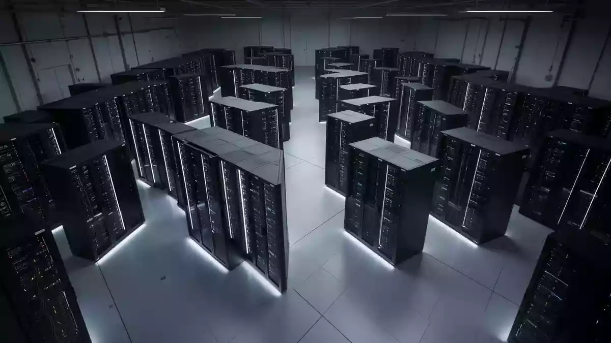 Reihen von dunklen Server-Schränken in einem modernen, schwach beleuchteten Rechenzentrum. Illustration mit AI erstellt.