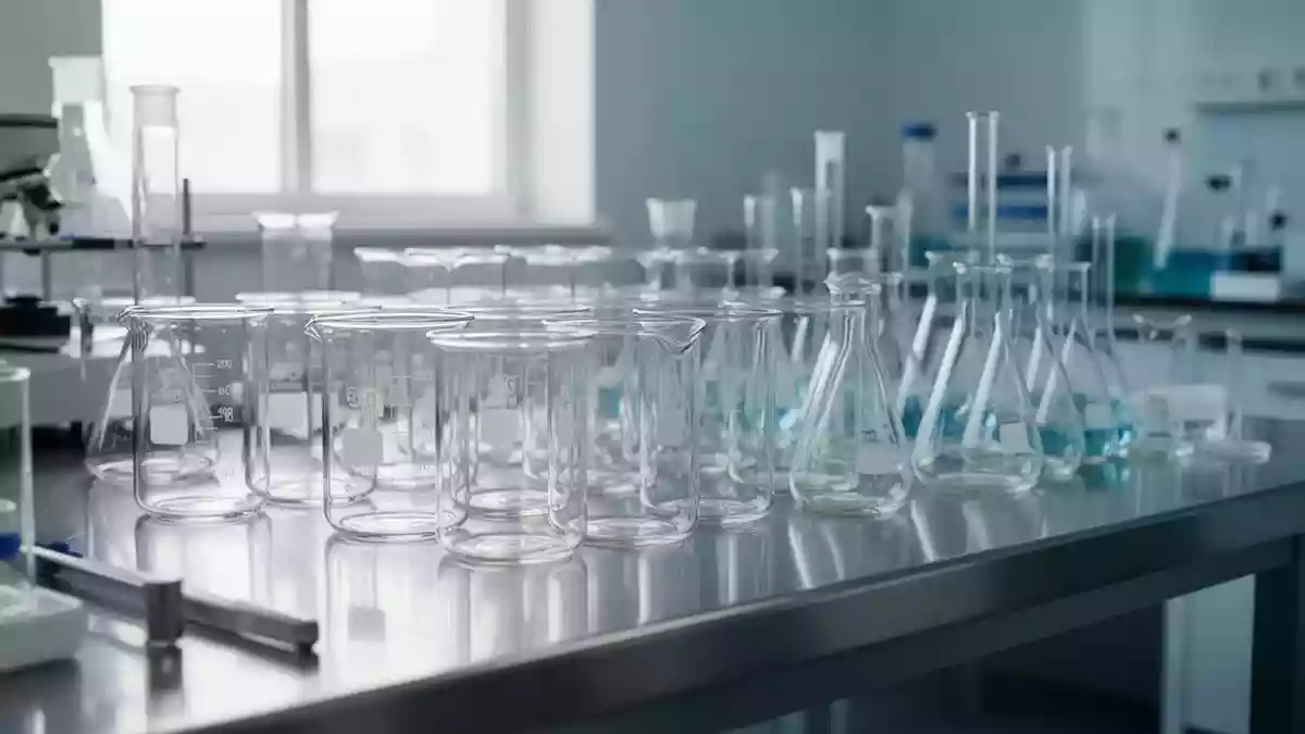 Leere Laborgefäße aus Glas auf einer Edelstahloberfläche in einer sterilen Umgebung. Illustration mit AI erstellt.