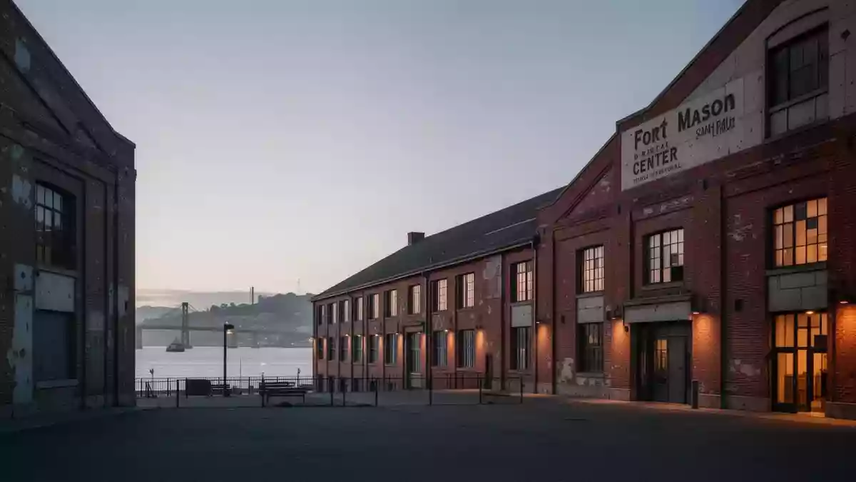Die historischen Gebäude des Fort Mason Centers in San Francisco bei Dämmerung. Illustration mit AI erstellt.