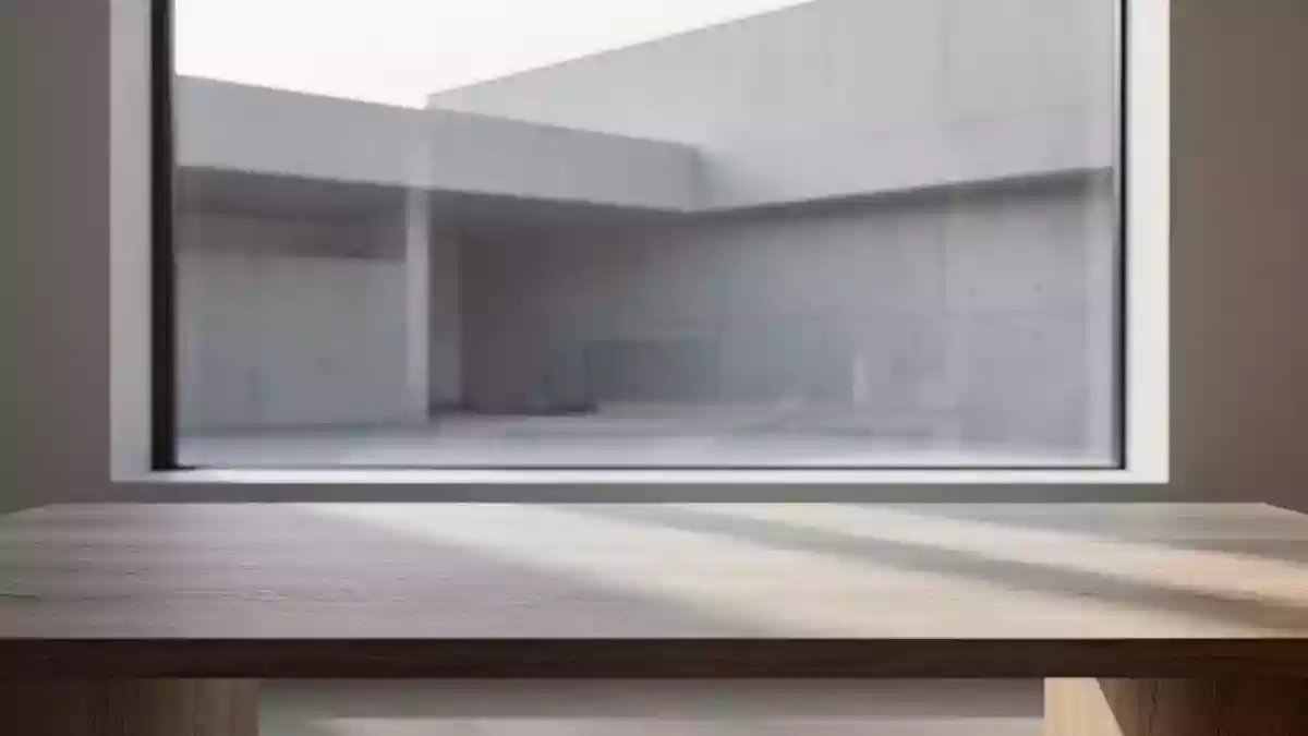 Minimalistischer, aufgeräumter Arbeitsplatz mit natürlichem Licht und geometrischen Schatten auf einer Holzoberfläche. Illustration mit AI erstellt.