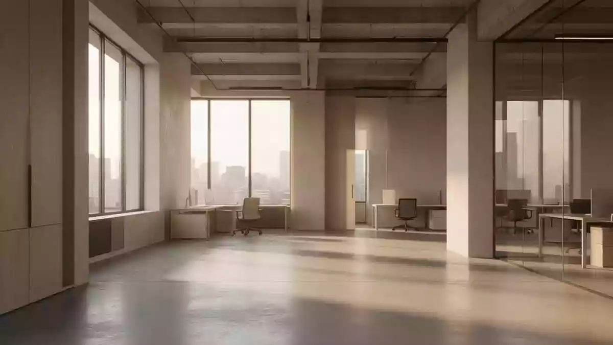Ein minimalistisches, modernes Büro-Interieur mit klaren architektonischen Linien und natürlichem Lichteinfall auf einem Betonboden. Illustration mit AI erstellt.