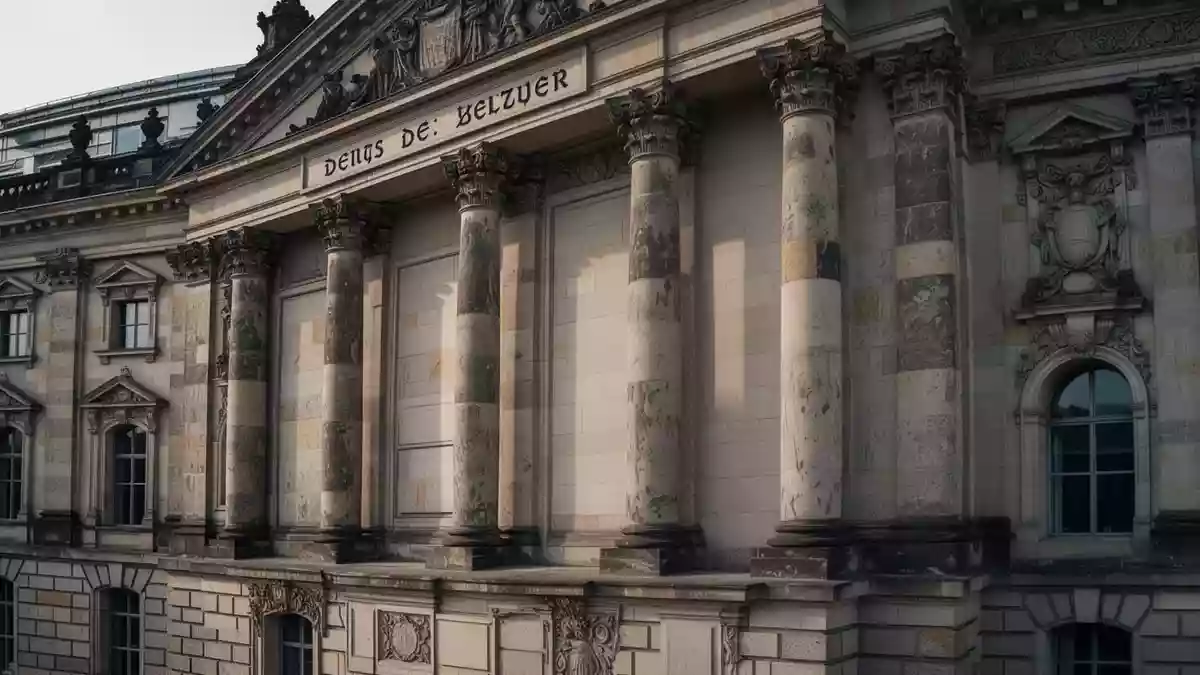 Detailansicht der neoklassizistischen Fassade eines historischen deutschen Regierungsgebäudes bei Tageslicht. Illustration mit AI erstellt.