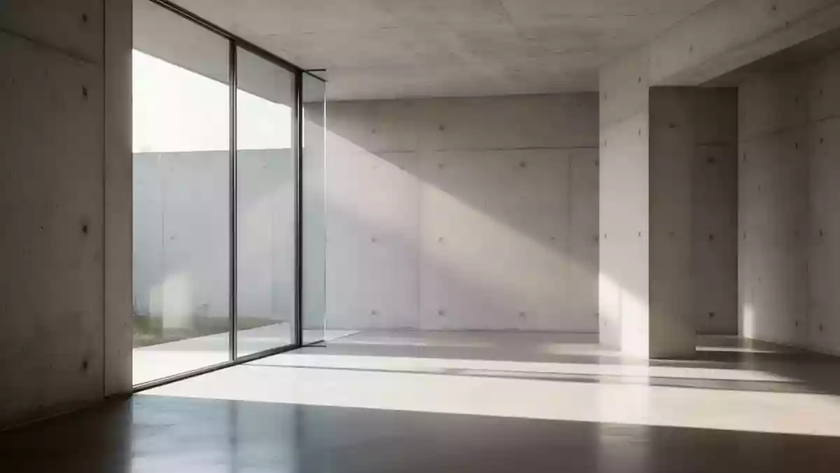 Ein minimalistischer, heller Architekturraum mit klaren geometrischen Schatten und einfallendem Tageslicht. Illustration mit AI erstellt.