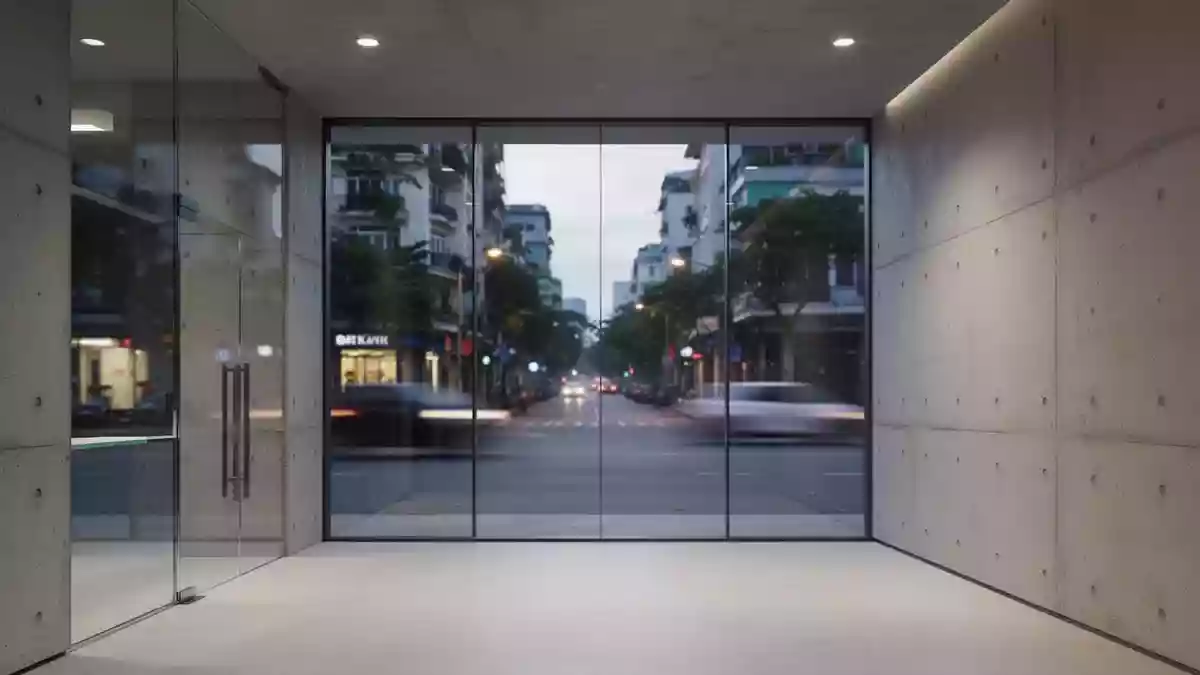 Ein minimalistisch gestalteter Innenraum einer modernen Bank mit Betonwänden und großen Glasfronten bei Dämmerung. Illustration mit AI erstellt.