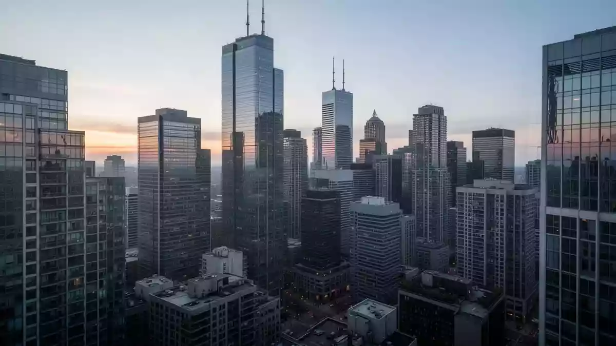 Moderne Skyline des Finanzviertels in Toronto bei Tagesanbruch Illustration mit AI erstellt.