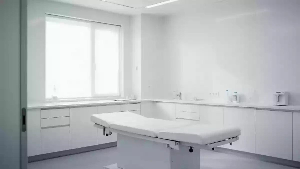 Ein heller, steriler Behandlungsraum in einer Klinik mit klaren Linien und natürlichem Licht. Illustration mit AI erstellt.