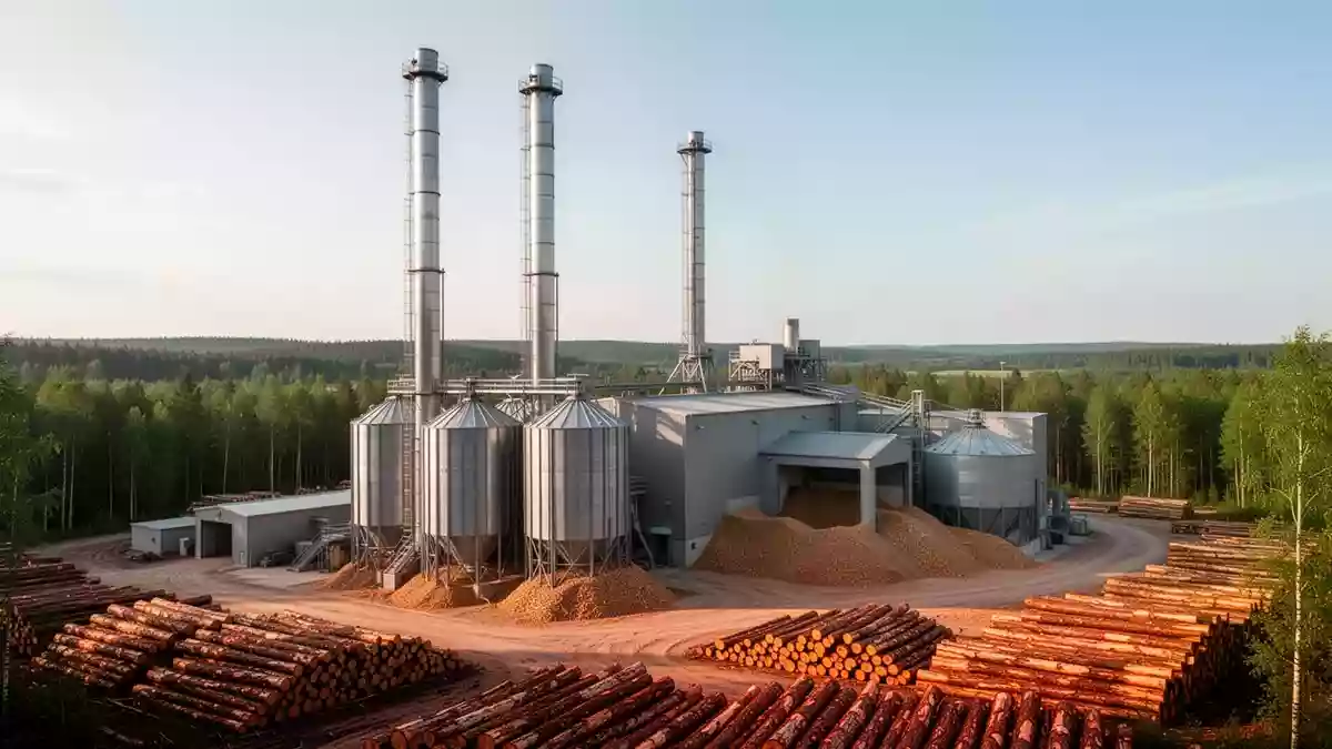 Ein großes Biomassekraftwerk mit Schornsteinen und Holzhackschnitzelsilos, umgeben von Holzstapeln in einer Waldlandschaft. Illustration mit AI erstellt.