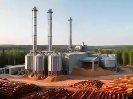 Ein großes Biomassekraftwerk mit Schornsteinen und Holzhackschnitzelsilos, umgeben von Holzstapeln in einer Waldlandschaft. - Foto: über boerse-global.de