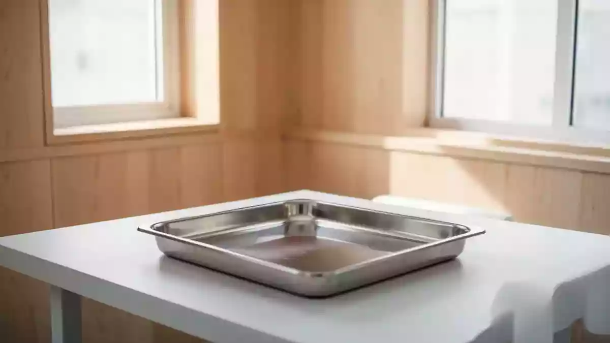 Ein heller, minimalistischer medizinischer Untersuchungsraum mit einem leeren Edelstahltablett in einer sterilen Umgebung. Illustration mit AI erstellt.