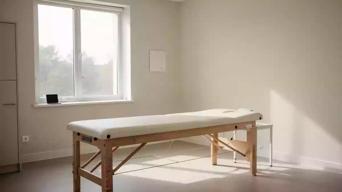 Ein heller, minimalistischer Behandlungsraum einer Physiotherapiepraxis mit einer leeren Behandlungsliege. Illustration mit AI erstellt.