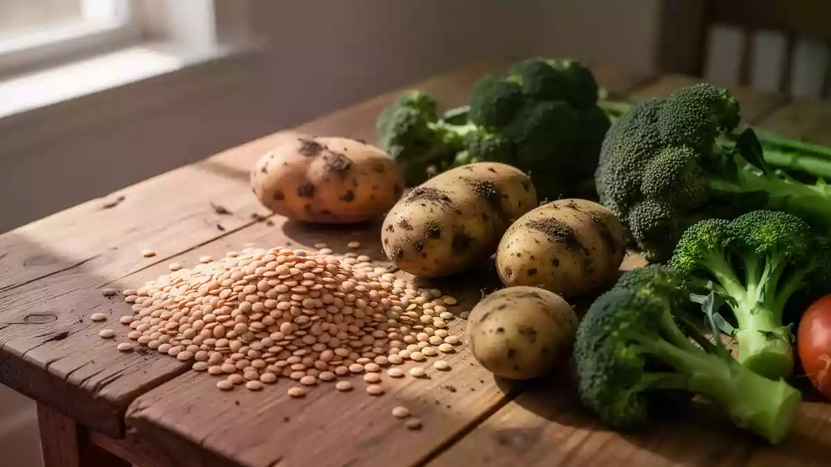 Nahaufnahme von unverarbeiteten Lebensmitteln wie Vollkorn, Linsen, Kartoffeln und Gemüse auf einem Holztisch. Illustration mit AI erstellt.