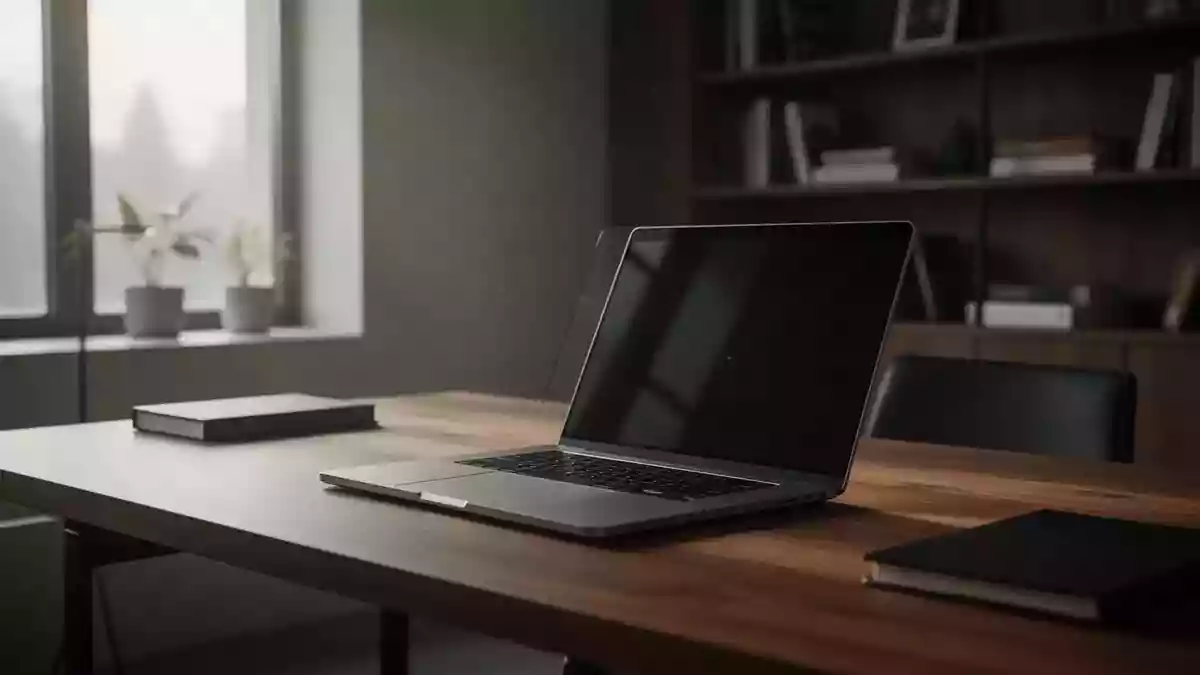 Ein minimalistischer Schreibtisch mit einem Laptop in einem ruhigen, natürlich beleuchteten Arbeitszimmer. Illustration mit AI erstellt.