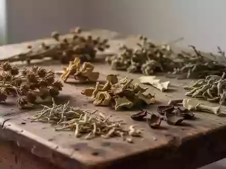 Getrocknete Heilpflanzen und botanische Proben auf einem hölzernen Labortisch. - Foto: über boerse-global.de