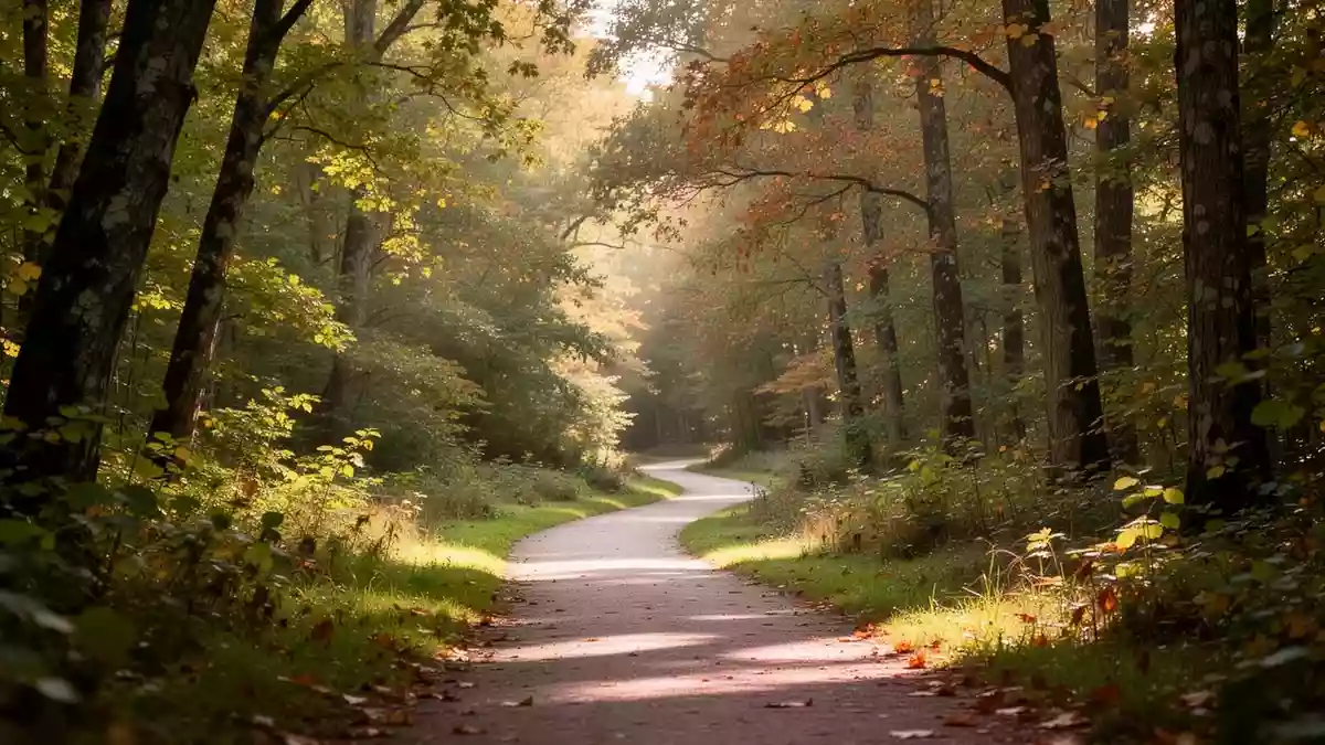 Ein friedlicher Spazierweg in einem herbstlichen Waldgebiet mit einfallendem Sonnenlicht. Illustration mit AI erstellt.