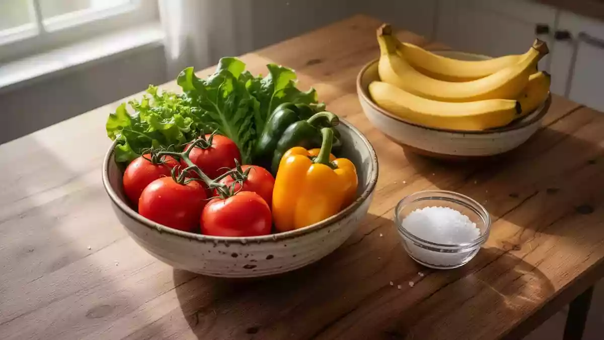 Frisches Gemüse und Bananen auf einem Holztisch als Symbol für eine gesunde Ernährung zur Blutdrucksenkung. Illustration mit AI erstellt.