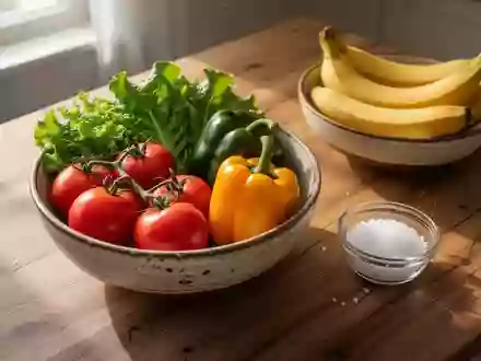 Frisches Gemüse und Bananen auf einem Holztisch als Symbol für eine gesunde Ernährung zur Blutdrucksenkung. - Foto: über boerse-global.de
