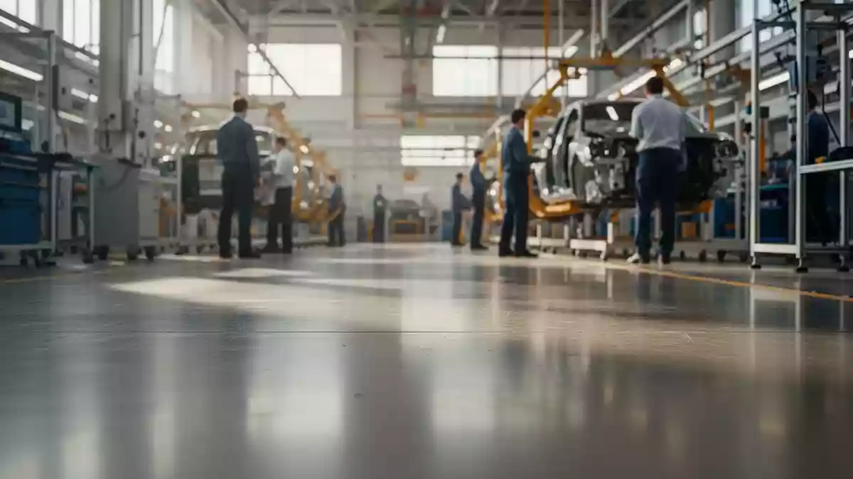 Moderne Fertigungshalle in einem Automobilwerk mit unscharfen Mitarbeitern im Hintergrund. Illustration mit AI erstellt.