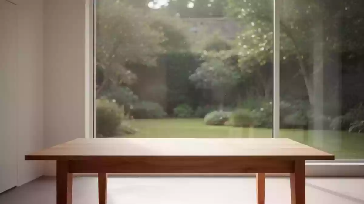 Ein minimalistischer, lichtdurchfluteter Raum mit einem leeren Holztisch und Blick auf einen ruhigen Garten. Illustration mit AI erstellt.