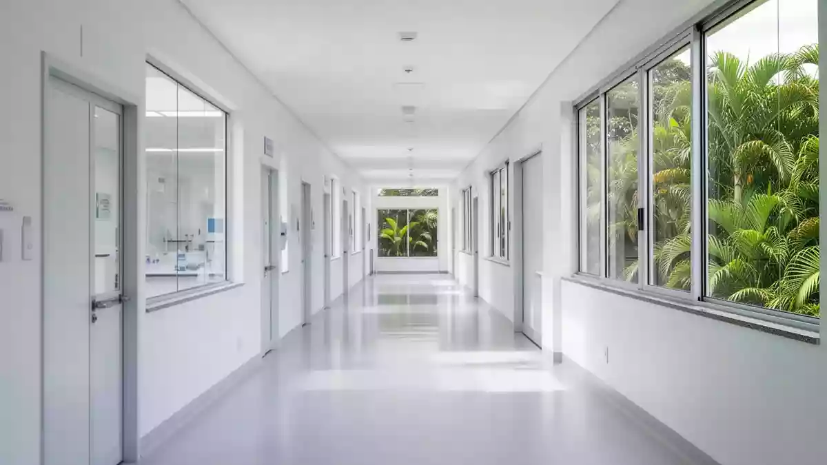Ein heller, moderner Flur in einem universitären Forschungszentrum für Frauengesundheit mit Blick auf grüne Außenanlagen. Illustration mit AI erstellt.