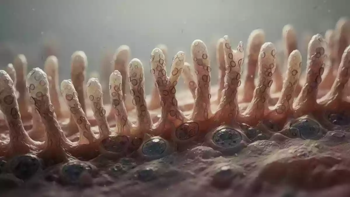 Mikroskopische Aufnahme von Darmgewebe mit detaillierter Zellstruktur Illustration mit AI erstellt.