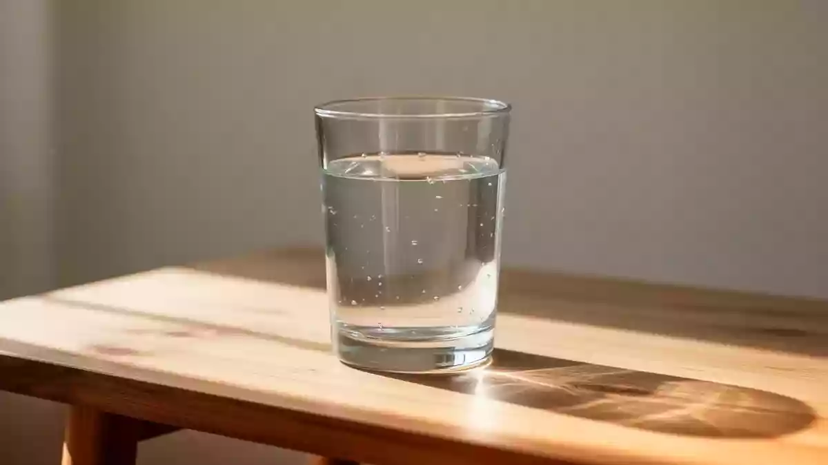 Ein klares Glas Wasser auf einem schlichten Holztisch bei natürlichem Tageslicht. Illustration mit AI erstellt.