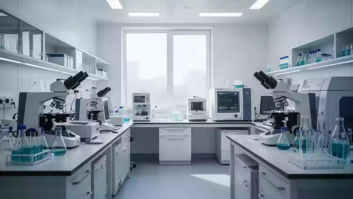 Ein modernes, steriles klinisches Forschungslabor mit hochwertiger Analyseausrüstung und natürlichem Lichteinfall. Illustration mit AI erstellt.
