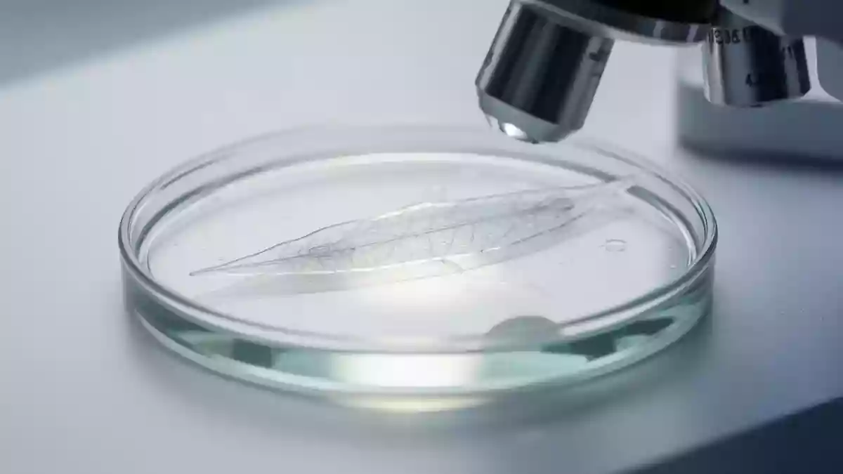 Nahaufnahme eines Labormikroskop-Objektträgers mit einer biologischen Probe in einer klinischen Umgebung. Illustration mit AI erstellt.
