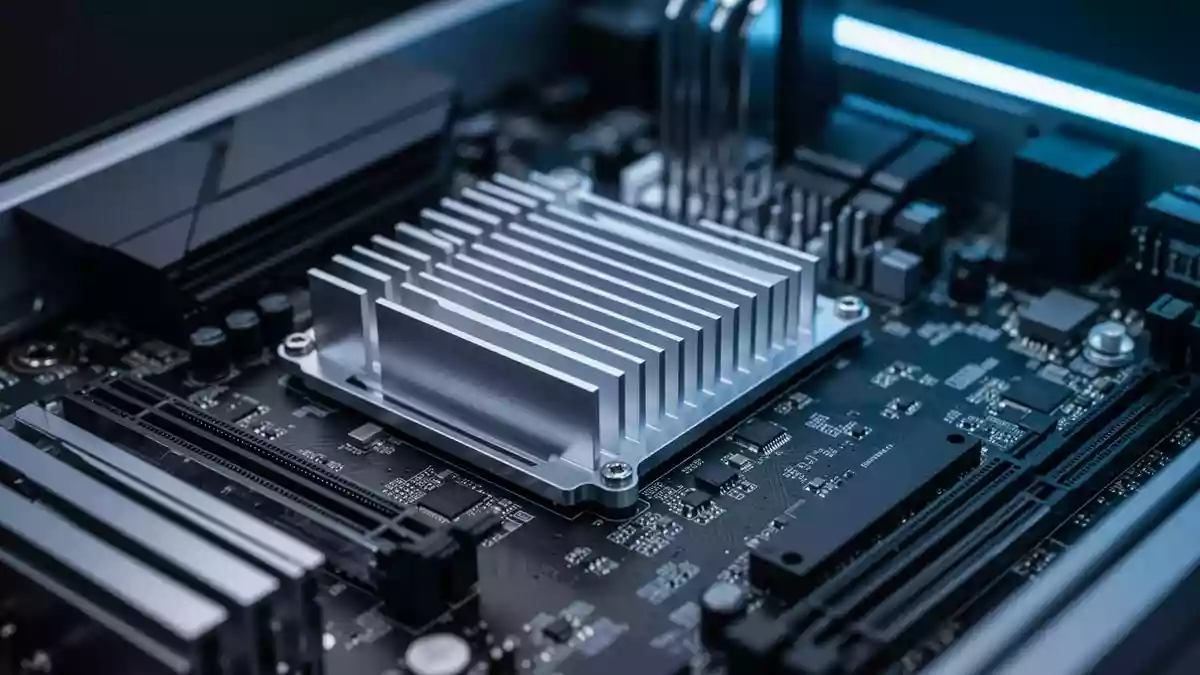 Nahaufnahme einer modernen Computer-Hauptplatine mit Kühlrippen und komplexen Schaltkreisen in bläulichem Licht. Illustration mit AI erstellt.