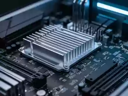 Nahaufnahme einer modernen Computer-Hauptplatine mit Kühlrippen und komplexen Schaltkreisen in bläulichem Licht. - Foto: über boerse-global.de