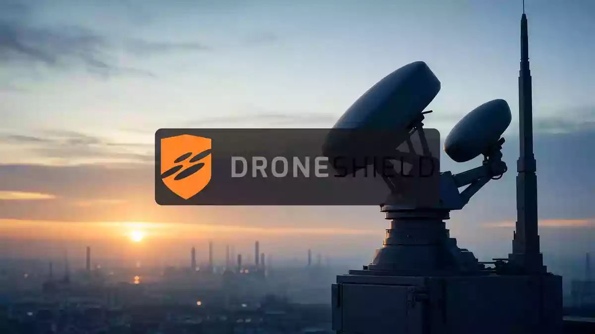 Abstrakte Darstellung von moderner Luftüberwachungstechnologie in einer industriellen Umgebung bei Dämmerung. Illustration mit AI erstellt.
