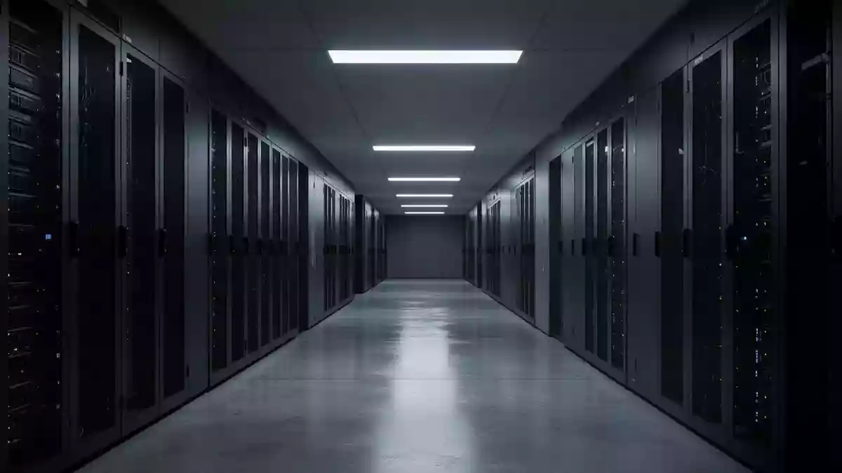 Ein modern beleuchteter, leerer Flur in einem Serverraum mit poliertem Betonboden und minimalistischer Architektur. Illustration mit AI erstellt.