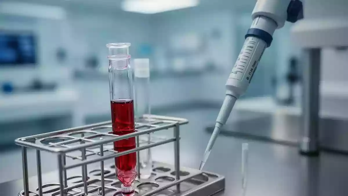 Ein medizinisches Labor mit einer Zentrifugenröhre und einer Pipette zur Blutuntersuchung. Illustration mit AI erstellt.
