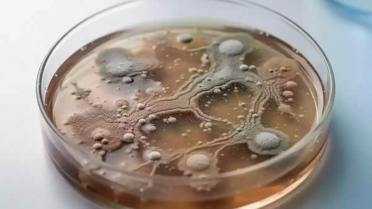 Nahaufnahme einer Petrischale mit organischen mikrobiellen Kulturen in einem Labor. Illustration mit AI erstellt.