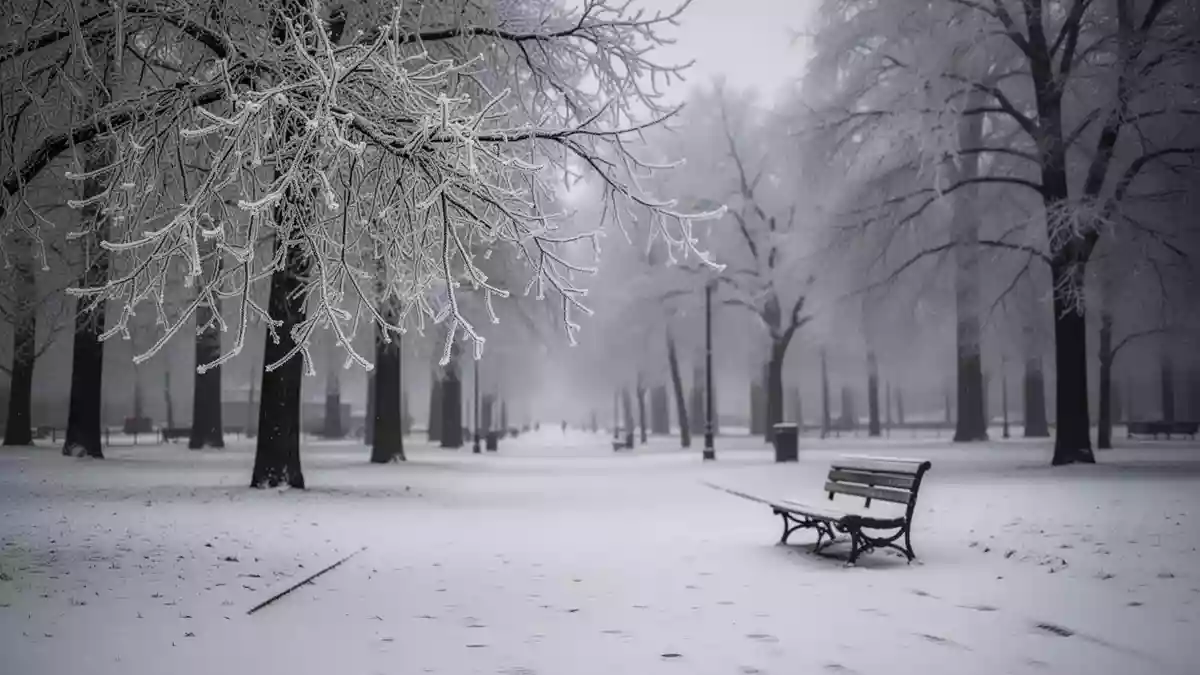 Ein verschneiter, ruhiger Parkweg mit einer leeren Bank an einem grauen Wintertag. Illustration mit AI erstellt.