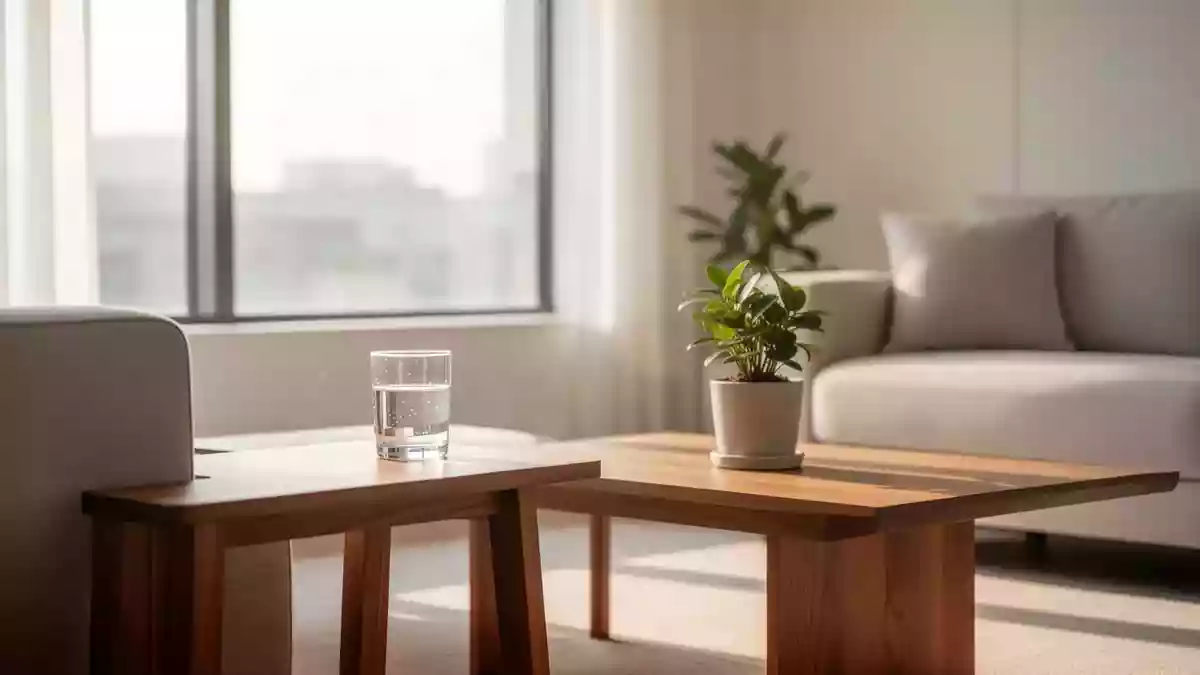 Heller, moderner Wohnbereich mit minimalistischer Einrichtung und natürlichem Tageslicht. Illustration mit AI erstellt.