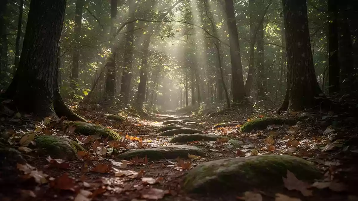 Ein sonnendurchfluteter Waldpfad mit herbstlichem Laub und bemoosten Steinen in einer ruhigen Naturumgebung. Illustration mit AI erstellt.