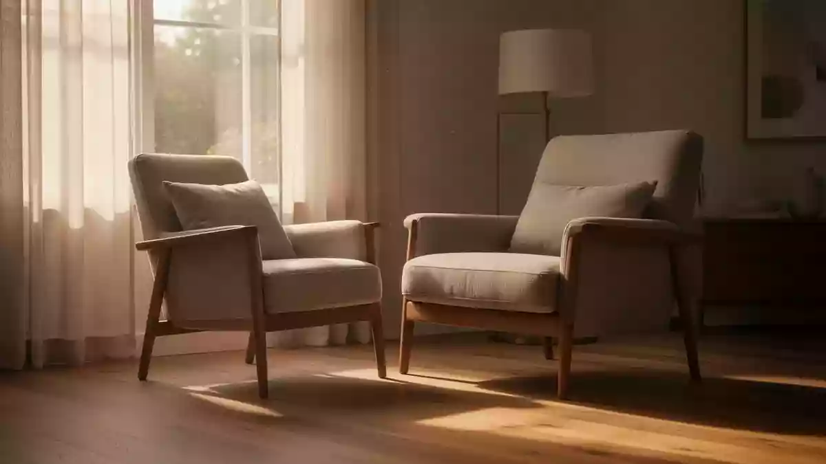 Ein sonnendurchflutetes Wohnzimmer mit einem bequemen Sessel am Fenster, das eine ruhige Atmosphäre ausstrahlt. Illustration mit AI erstellt.